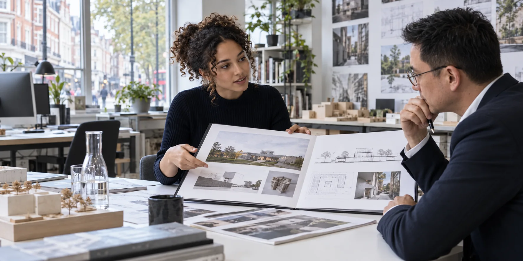 Illustrative scene of a graduate presenting an architecture portfolio to a reviewer